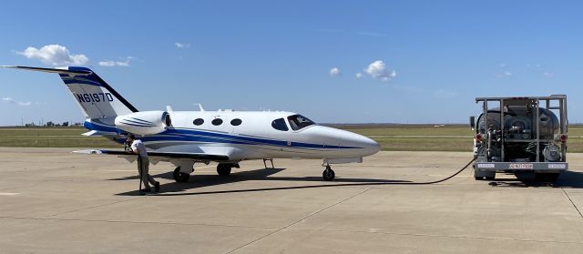 Cessna Citation Mustang (N6197D) - Fueling during a cross country trip from CA to FL, at Idabel, OK.