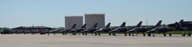 Aero L-39 Albatros (ES-YLN) - McGUIRE AIR FORCE BASE-WRIGHTSTOWN, NEW JERSEY, USA-MAY 14, 2016: Parked next to each other during the Open House and Air Show were the Geico Skytypers (flying the SNJ-2 trainer) and the Breitling Jet Team (flying the Aero L-39 Albatros). Best viewed at full screen.