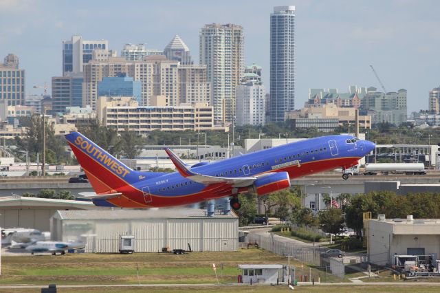 Boeing 737-700 (N201LV) - Southwest Airlines (WN) N201LV B737-7H4 [cn29854]br /Fort Lauderdale (FLL). Southwest Airlines flight WN3530 departs for Denver International (DEN). Wearing Southwest’s Canyon Blue Livery introduced in 2001 and since September 2014 is being replaced by the Heart liverybr /Taken from Terminal 1 car park roof level br /2018 04 07br /a rel=nofollow href=http://alphayankee.smugmug.com/Airlines-and-Airliners-Portfolio/Airlines/AmericasAirlines/Southwest-Airlines-WNhttps://alphayankee.smugmug.com/Airlines-and-Airliners-Portfolio/Airlines/AmericasAirlines/Southwest-Airlines-WN/a