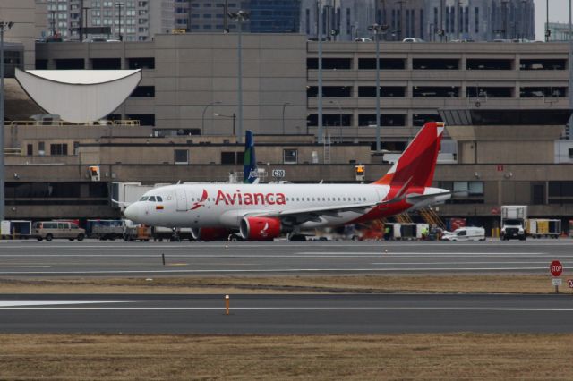 Airbus A319 (N751AV) - Not normally seen during daylight hours at BOS, but due to a major Noreaster, this Avianca A319 was unable to depart on its regular schedule and departed next morning. 