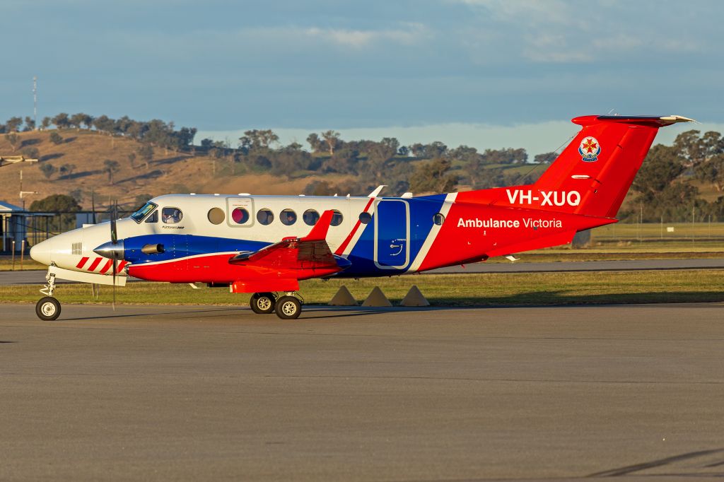Beechcraft Super King Air 350 (VH-XUQ) - Pel-Air, operated for Ambulance Victoria, (VH-XUQ) Beechcraft B300C King Air 360CER taxiing at Wagga Wagga Airport. When the current VH-VAH is retired, XUQ will be re-registered as VH-VAH.
