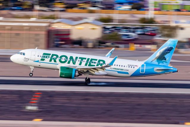 Airbus A320neo (N382FR) - Frontier Airlines A320 neo "Sonny the Lemon Shark" landing at PHX on 11/30/22. Taken with a Canon 850D and Tamron 70-200 G2 lens.