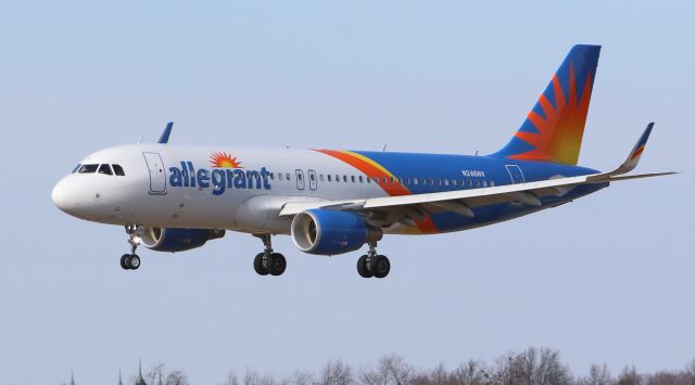 Airbus A320 (N246NV) - Allegiant N246NV over the numbers runway 22 at Lexingtons Bluegrass Airport on this beautiful, almost Spring day in central Kentucky. Photo cropped a little. Enjoy!