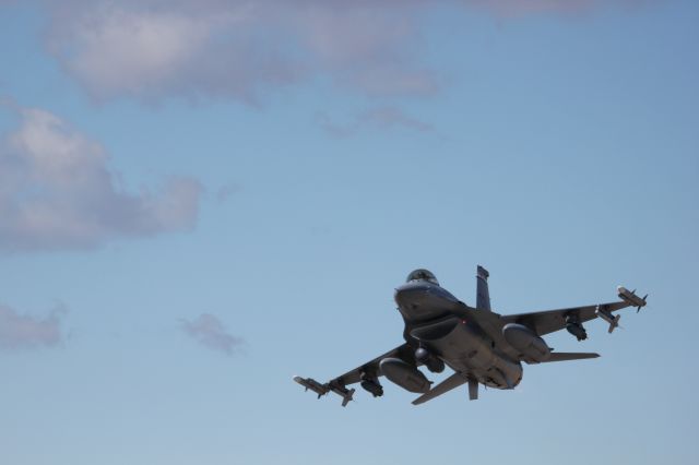 Lockheed F-16 Fighting Falcon — - This F16 from the 140th Colorado National Guard unit at Buckley AFB was departing runway 14 on its way to bombing practice. It was zipping by me in afterburner at 250+ knots, so I found it difficult to get centered shots.