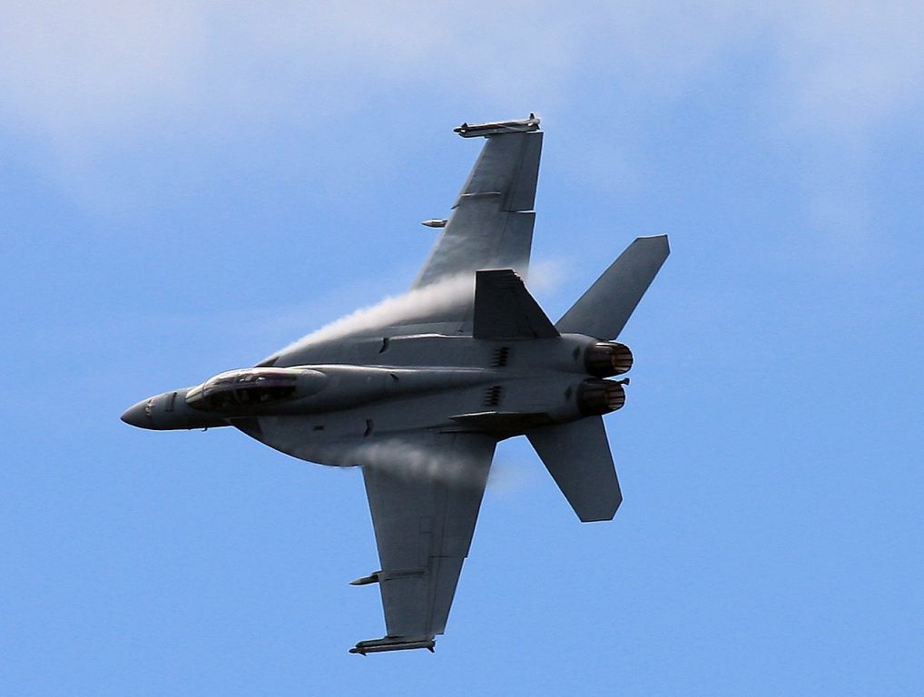 McDonnell Douglas FA-18 Hornet (A44202) - Display by RAAF FA18F at TAVAS air show 21 April 2017 Caboolture Queensland. Overcast day and hi G turns give some good effects