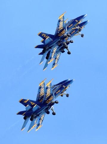 McDonnell Douglas FA-18 Hornet — - Blue Angels execute the Diamond Dirty Roll at Thunder Over Solano 2024 - Travis AFB - 03/16/24