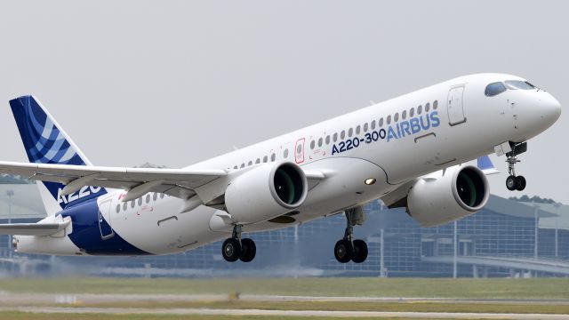 Airbus A220-300 (C-FFDO) - The Pratt and Whitney PW1500G engines deliver the required thrust for a short take off. The Airbus A220-300 was taking invited guests on a demo flight at KUL/WMKK.