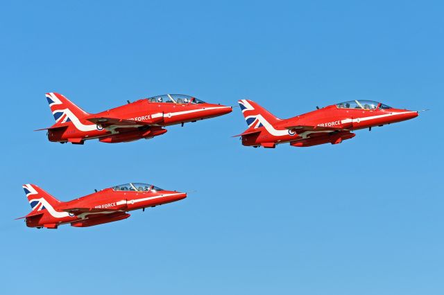 Boeing Goshawk (XX319) - Three BAe Systems Hawk T1A used by Red Arrows aerobatic team. Photo taken on August 22, 2021 at Gdynia Aerobaltic. 