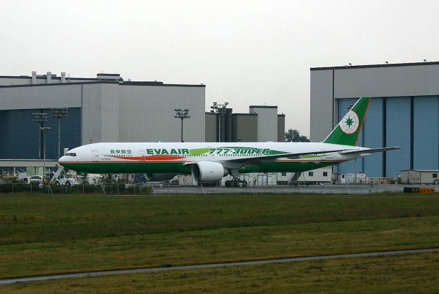 BOEING 777-300 (B-16701) - KPAE - cn:32639/524 fresh out of the paint factory at Boeing Everett - 1st flight was June/2005 - and the 1st 777-35EER for Eva Air. This jet no longer in the color scheme. Delivered 7/29/2005 ( photo date 7/21/2005)