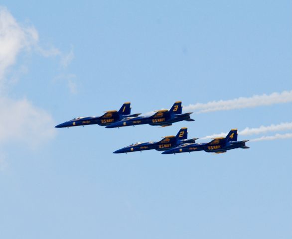 — — - Blue Angels practice for Thunder Over Michigan Airshow.