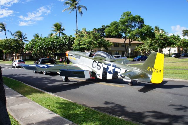 N151MW — - A P-51D named :Lady Alice" being transported from Hickam AFB to Pearl Harbor.  "Lady Alice" was towed with four other WWII era aircraft through the heart of Joint Base Pearl Harbor Hickam (JBPHH) in a most unusual parade through JBPHH housing after spending three weeks on O'ahu while participating in the 75th Anniversary of VJ Day activities.  "Lady Alice" will be loaded onto the USS Essex and shipped back to the mainland.