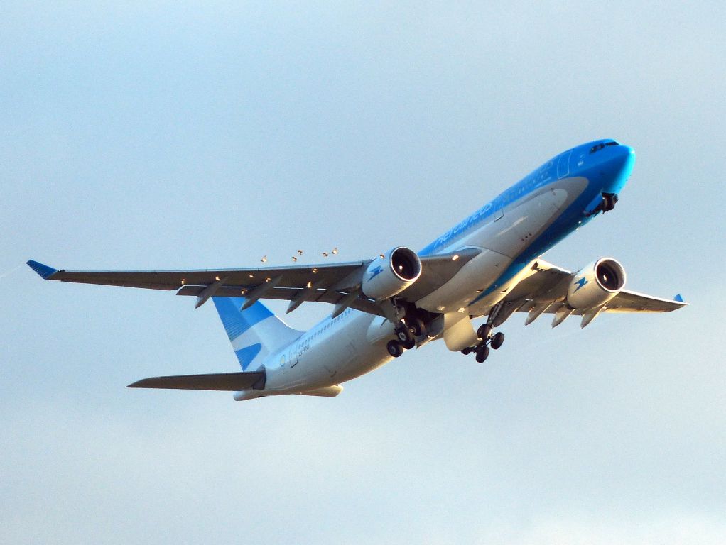 Airbus A330-200 (LV-FNJ) - A centímetros de una ingesta de aves en su salida de pista 11