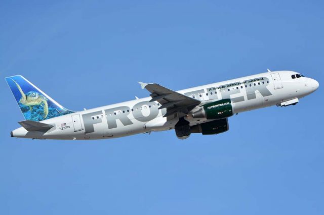 Airbus A319 (N210FR) - Frontier Airbus A319-214 N210FR Sheldon the Sea Turtle at Phoenix Sky Harbor on January 21, 2016. It first flew as F-WWBJ on April 4, 2011. Its construction number is 4668. It was delivered to Frontier on April 21, 2011. 