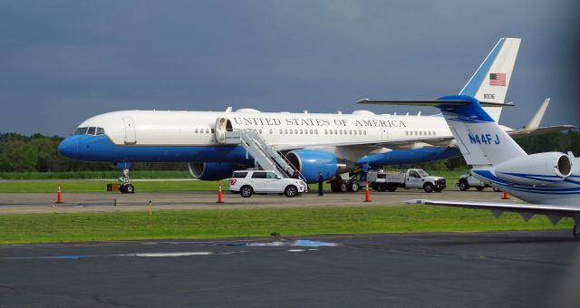 Boeing 757-200 (90016) - MORRISTOWN, NEW JERSEY, USA-JULY 27, 2018: Air Force One (a Boeing 757-200 this time) is seen on the ground at Morristown Municipal Airport approximately thirty minutes after landing with President Donald J. Trump on board. President Trump flew into Morristown on his way to his golf club in Bedminster, N.J., where he will vacation. When flying into or out of  Morristown Airport, the Air Force uses the Boeing 757-200 instead of the larger Boeing 747 because of shorter runways at Morristown.