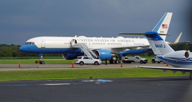 Boeing 757-200 (90016) - MORRISTOWN, NEW JERSEY, USA-JULY 27, 2018: Air Force One (a Boeing 757-200 this time) is seen on the ground at Morristown Municipal Airport approximately thirty minutes after landing with President Donald J. Trump on board. President Trump flew into Morristown on his way to his golf club in Bedminster, N.J., where he will vacation. When flying into or out of  Morristown Airport, the Air Force uses the Boeing 757-200 instead of the larger Boeing 747 because of shorter runways at Morristown.