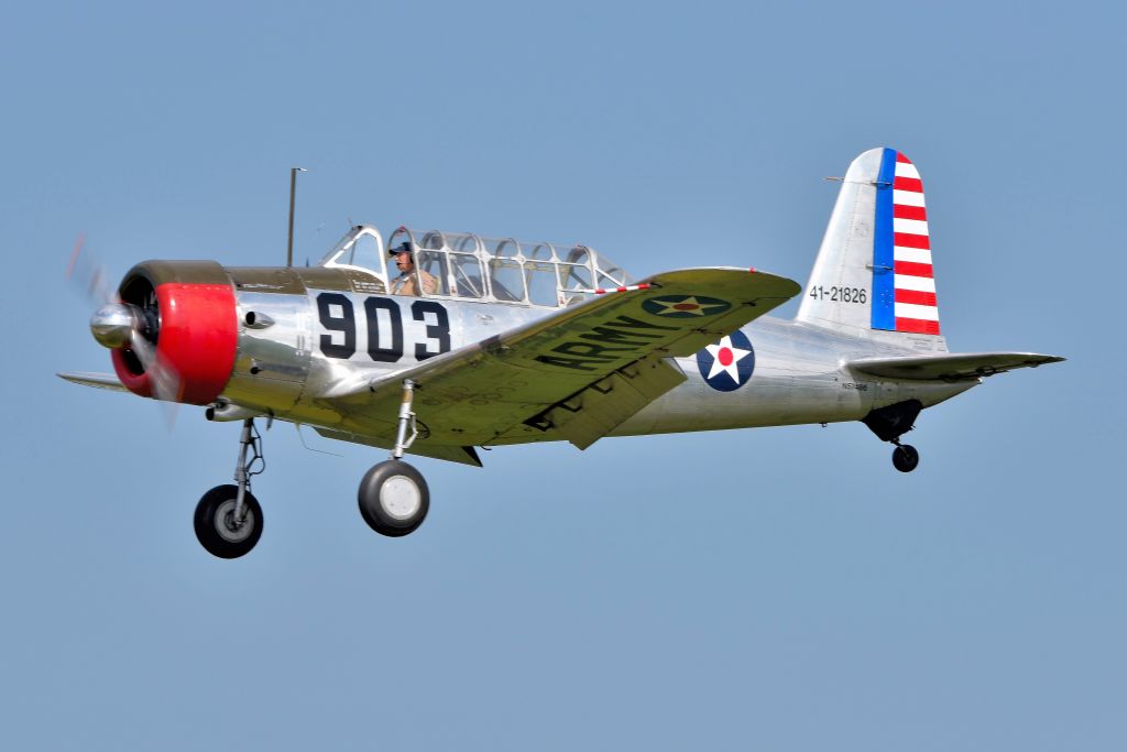 N57486 — - 1942 Build Consolidate Vultee BT-13A training aircraft on final for runway 19 at Greenwood Airport Open house on 08-28-21.