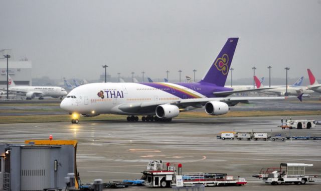 Airbus A380-800 (HS-TUB) - Leaving on a very rainy dusk