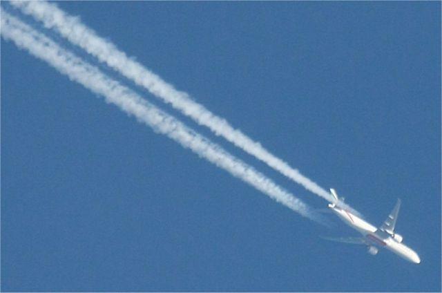 BOEING 777-300 (A6-ECR) - Emirates Boeing 777, A6-ECR passes overhead Dublin, Ireland enroute from New York JFK to Dubai on 30th Oct 2010. On the day previous ( 29th Oct 2010 ) this aircraft was invlved in a security scare at JFK on arrival there and was covered extensively by news media in the United States