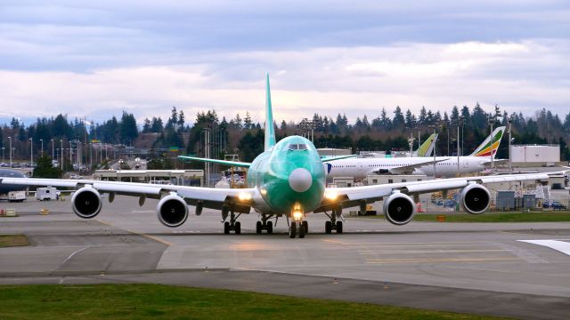 BOEING 747-8 (VQ-BIO) - BOE610 taxis onto Rwy 16R for a high speed taxi test on 2.14.20. (B747-8F / ln 1558 / cn 63784). The aircraft is using temporary reg #N6009F.