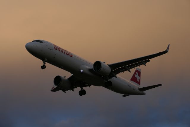 Airbus A321neo (HB-JPC) - Landing on RWY 28 (10th Nov 2023), just before sunset.