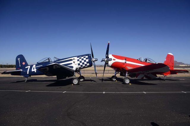 NX5577N — - The first reunion of F2G-1 N5588N Race 57 and F2G-2 NX5577N Race 74 since the 1949 Thompson Trophy Races.