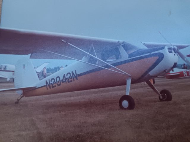 N2042N — - Cessna 140 flyable and reliable in this picture. It was at a fly-In 1978 from KAZO to KHAI and then off to Oshkosh WI.br /We owned it from 1972-1978/9 It suffered a low speed landing nose over and was thought to have been scrapped. We recently found it intact June 2024. It's current actual condition - Unknown- but verified "now sitting" last registered flight Feb 15th, 2022. It was good to know it had survived and had flown  over the past 45 years.