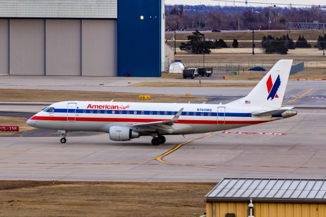 Embraer 170/175 (N760MQ) - American Eagle Embraer 170 in Pre-merger retro livery taxiing at OKC on 1/1/23. Taken with a Canon R7 and Tamron 70-200 G2 lens. I've been on a quest for over a year now to get photos of all 12 of the AA retro planes, and this was my last one! Hopefully it'll come into PHX someday so I can REALLY complete the set! 