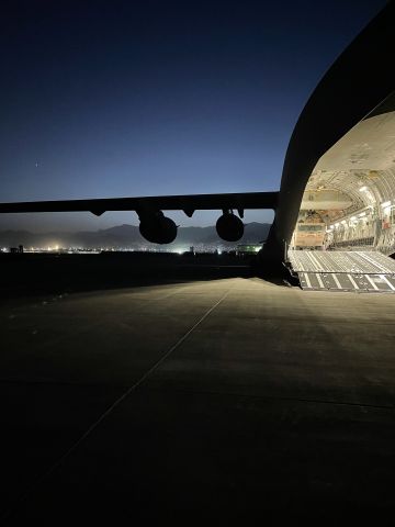 Boeing Globemaster III — - A U.S. C-17A sitting on the ramp at Kabul International Airport during Operation Allies Refuge on August 27, 2021 19:08L. Registration Unknown.