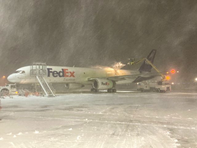 Boeing 757-200 (N924FD) - Blizzard Conditions on 1-12-24 with 45 mph gusts and heavy blowing snow.   Tough conditions to deice. 