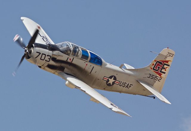 Douglas AD Skyraider (N65164) - Cavanaugh Flight Museums EA-1E during the Vietnam rescue reenactment at the 2018 Dyess Big Country Air &amp; Space Expo. Earlier this airshow season this bird had Navy on the fuselage, she now reads USAF. I wonder if there was done since this show was on a USAF base or is part of future plans to fully repaint this Spad in USAF colors? (please view in "Full" for best image quality)