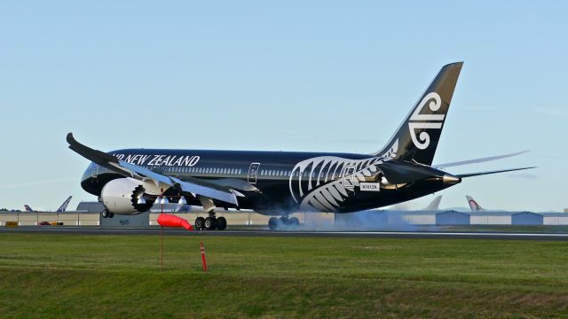 Boeing 787-9 Dreamliner (ZK-NZE) - BOE3 touches down on Rwy 34L to complete its 4th flight test on 6/6/14. (LN:169 / cn 34334).