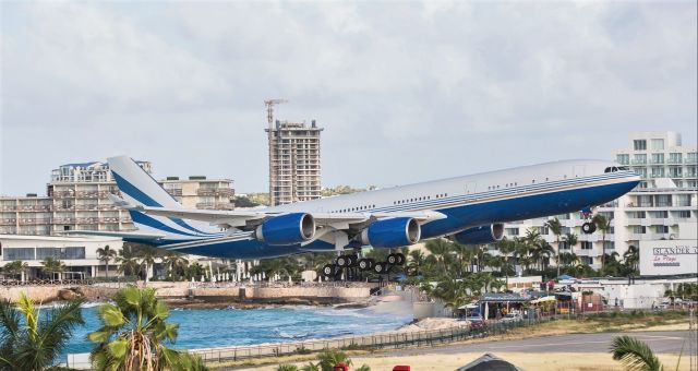 Airbus A340-500 (VP-BMS) - The biggest of them all as the season seems to be coming to an end. Charted A340-500 VP-BMS over the beach for landing at St Maarten.br /05-02-2021