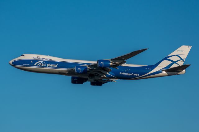 BOEING 747-8 (VP-BBP) - VP-BBP 2017 Boeing 747-8F of AirBridgeCargo taking off from Dallas-Fort Worth International November 30 2019, with "pharma" stickers.