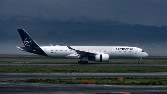 Airbus A350-900 (D-AIVD) - Lufthansa A350 touching down at Osaka's Kansai Airport on a foggy blue morning.