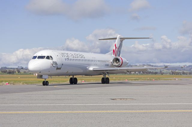 Fokker 100 (VH-FWH) - Virgin Australia Regional Airlines (VH-FWH) Fokker 100, now wearing the VA livery and named "Swan River", taxiing at Wagga Wagga Airport.