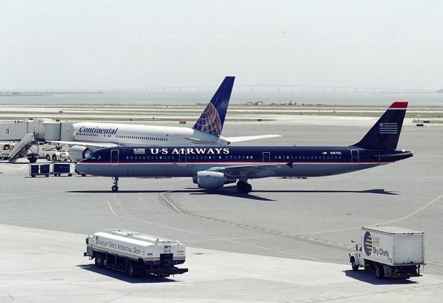 Airbus A321 (N167US) - KSFO - US Airways arriving at SFO behind a Contenental 767-200 at the gate. date apprx Dec 2000