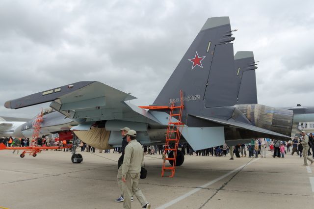 — — - The Sukhoi SU-27, featuring it's thrust vectoring exhausts.