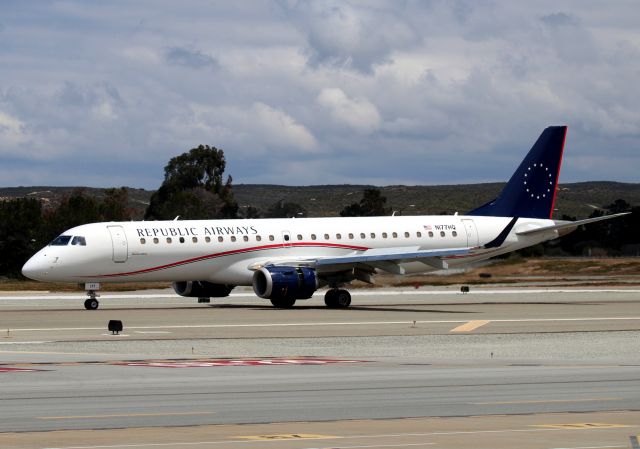 Embraer 170/175 (N177HQ) - KMRY - E-190 for Republic landing at Monterey for charter service for Harrahs.com to Laughlin,NV on 5/22/2015.