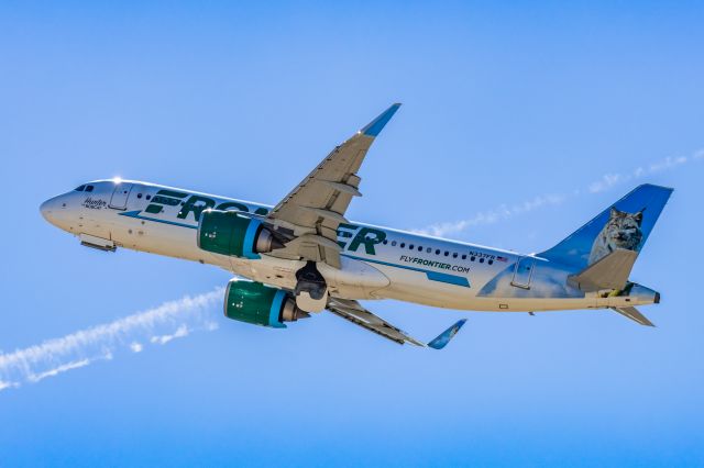 Airbus A320neo (N337FR) - A Frontier airlines A320 neo "Hunter the bobcat" taking off from PHX on 2/24/23. Taken with a Canon R7 and Canon EF 100-400 ii lens.