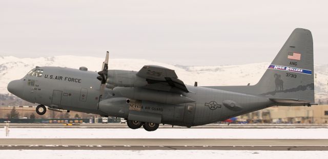 Lockheed C-130 Hercules (93-7313) - This first FA gallery photo of 93-7313 captures the Nevada Air Guard High Rollers Hercules, "Roller One Tree," climbing away from runway 16L about three and a half hours ago enroute to Selfridge ANGB (KMTC) in Michigan.  Prior to being acquired by the 152nd AW, 93-7313 flew for the Wyoming ANG.br /* Click FULL to view in best Q. *