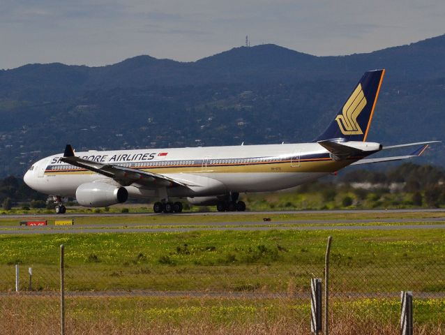 Airbus A330-300 (9V-STO) - Rolling for take off on runway 05, for flight home to Singapore. Thursday, 12th July 2012.