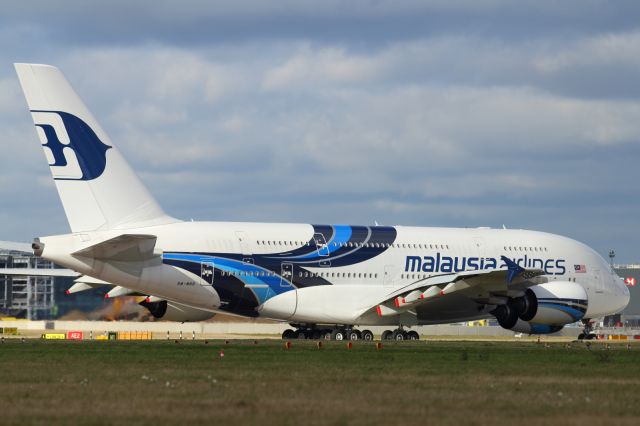 Airbus A380-800 — - MAS A380-800 taxies out to runway 027R at lHR.