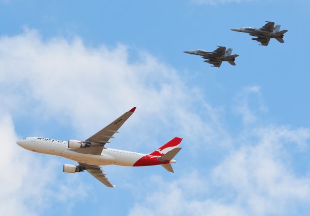 Airbus A330-200 (VH-EBA) - All woman crew on both the Qantas A330 and F18 Hornets flying over the 2023 Avalon air show.