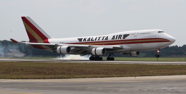 Boeing 747-400 (N744CK) - Camber 459, a Kalitta Air Boeing 747-400, arriving Runway 36L at Carl T. Jones Field, Huntsville International Airport, AL - June 15, 2018.