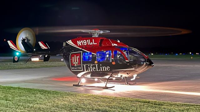 KAWASAKI EC-145 (N191LL) - First and foremost, prayers to whoever is being transported. br /br /N191LL all lit up before departure to Riley Children’s (23IN)br /br /This aircraft is a 2009 Eurocopter EC145 (Kawasaki BK117 C2), S/N 9319, operated by IU Health LifeLine. 7/23/22. 