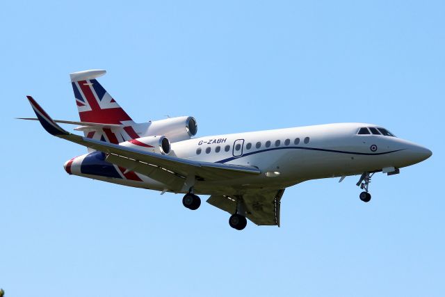 Dassault Falcon 900 (G-ZABH) - Centreline Falcon 900LX on short finals for rwy 07 on 8-Jun-23 arriving from LFPO operating for the Royal Air Force as KRF49.