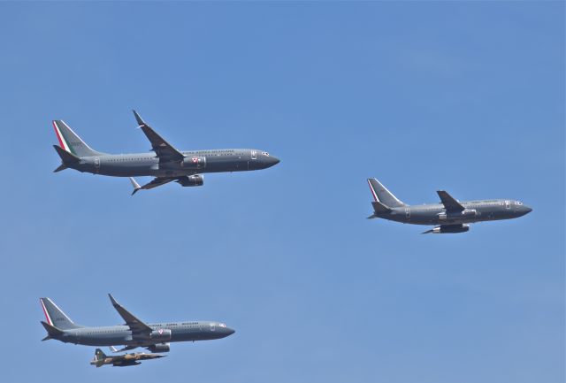 Boeing 737-700 (3520) - Mexican Air Force´s  three B737 and a F5 formation in flight over Santa Lucia AB (México). 