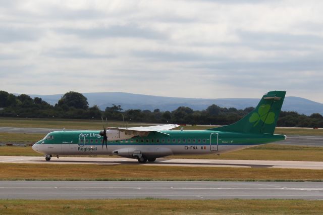 Aerospatiale ATR-72-600 (EI-FNA) - Aer Lingus (EI) EI-FNA ATR 72-212A [cn1325]br /Manchester (MAN).  Aer Lingus flight EI3322 / RE3322 taxis to the gate after arriving from Dublin (DUB).  Stobart Air (RE) operate this flight on behalf of Aer Lingus Regional. br /Taken from RVP Airport Viewing Parkbr /br /2018 08 04br /a rel=nofollow href=http://alphayankee.smugmug.com/Airlines-and-Airliners-Portfolio/Airlines/EuropeanAirlines/Aer-Lingus-EI/https://alphayankee.smugmug.com/Airlines-and-Airliners-Portfolio/Airlines/EuropeanAirlines/Aer-Lingus-EI//a