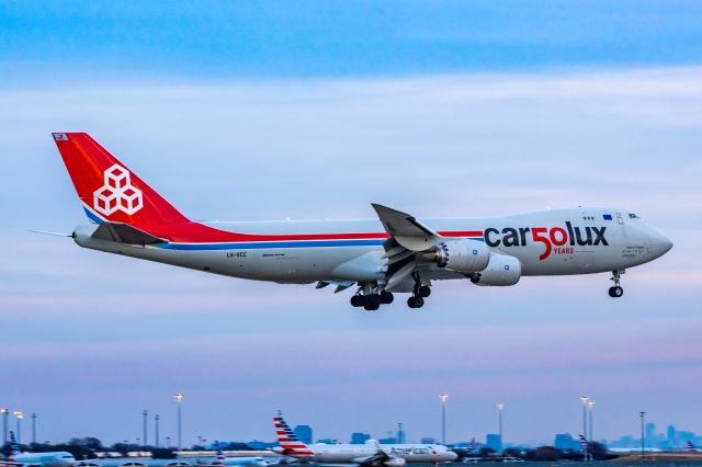 BOEING 747-8 (LX-VCC) - Cargolux 747-8 in Cargolux 50th special livery landing at DFW on 12/21/22. Taken with a Canon R7 and Tamron 70-200 G2 lens.