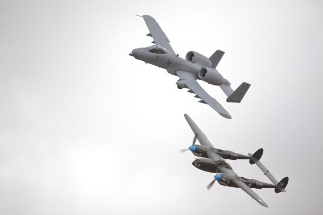 Lockheed P-38 Lightning — - Lockheed P-38 Lightning White 33 & A-10 Warthog Heritage Flight at Pikes Peak Regional Air Show, 9/23/17